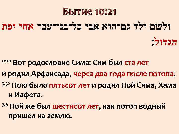 Бытие 10: 21 ולשם ילד גם־הוא אבי כל־בני־עבר אחי יפת הגדול׃ 11: 10 Вот