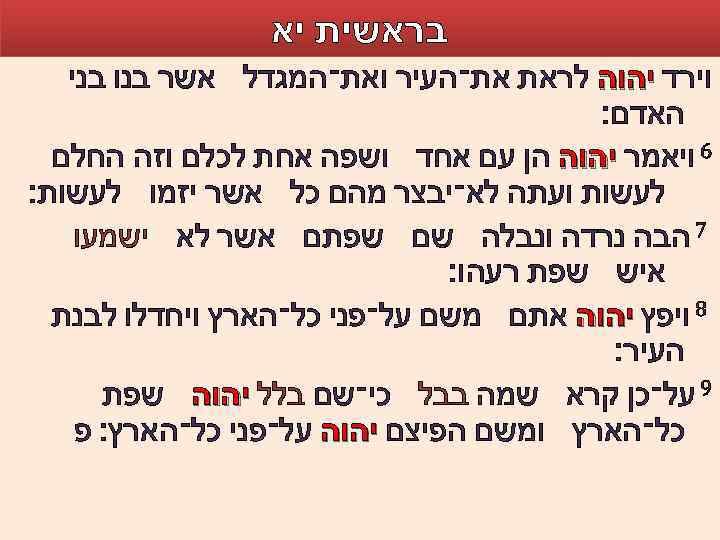  בראשית יא וירד יהוה לראת את־העיר ואת־המגדל אשר בנו בני האדם׃ 6 ויאמר