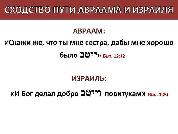 СХОДСТВО ПУТИ АВРААМА И ИЗРАИЛЯ АВРААМ: «Скажи же, что ты мне сестра, дабы мне