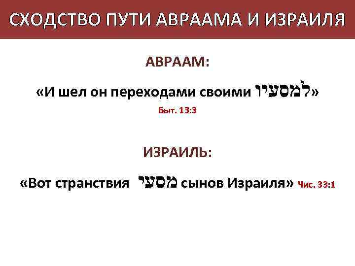 СХОДСТВО ПУТИ АВРААМА И ИЗРАИЛЯ АВРААМ: «И шел он переходами своими » למסעיו Быт.