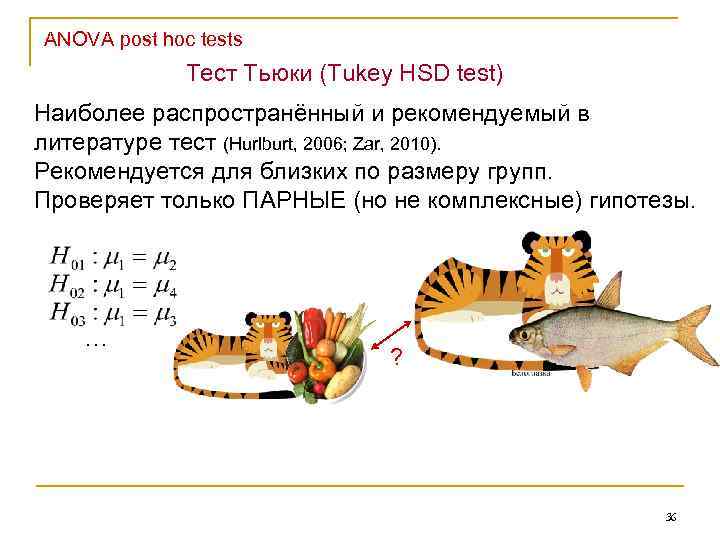 ANOVA post hoc tests Тест Тьюки (Tukey HSD test) Наиболее распространённый и рекомендуемый в