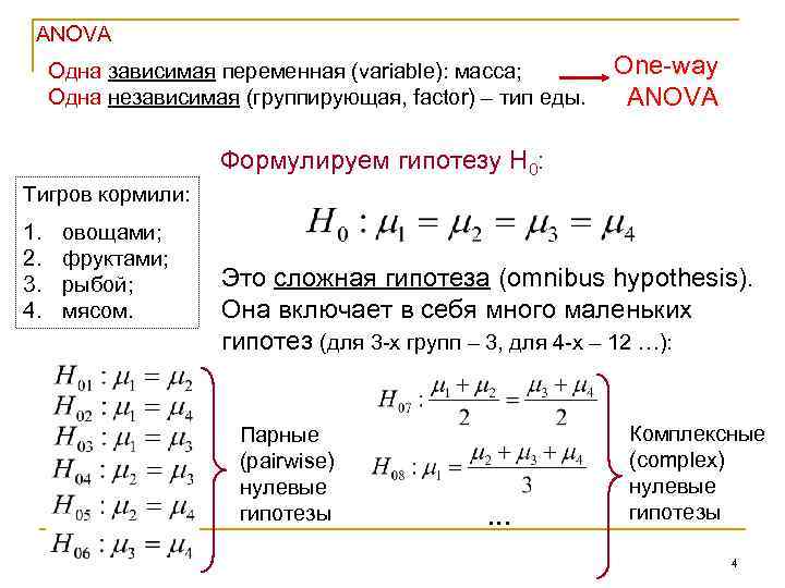 ANOVA Одна зависимая переменная (variable): масса; Одна независимая (группирующая, factor) – тип еды. One-way