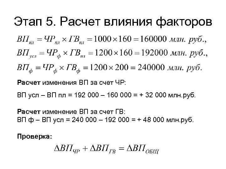 Этап 5. Расчет влияния факторов Расчет изменения ВП за счет ЧР: ВП усл –