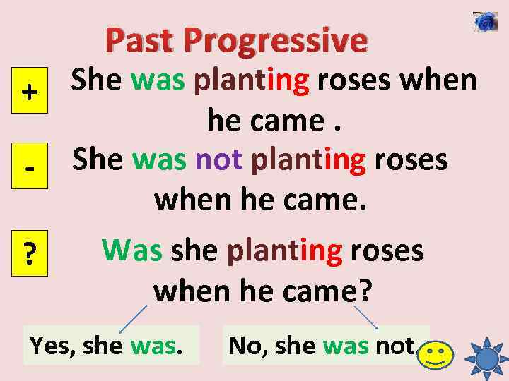 Past Progressive She was planting roses when + he came. - She was not