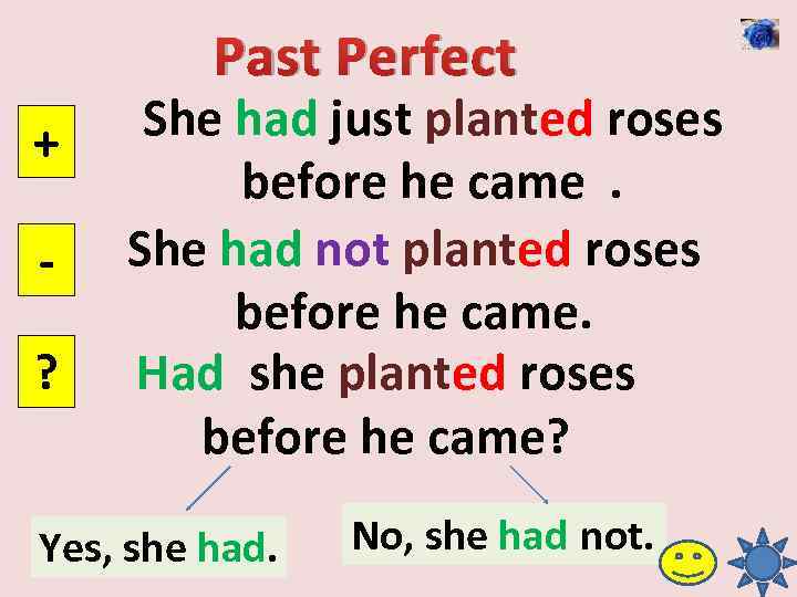 Past Perfect + ? She had just planted roses before he came. She had
