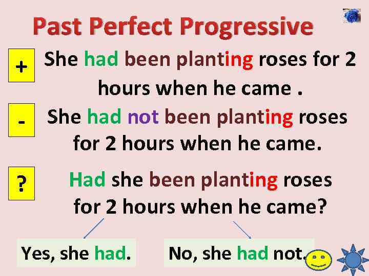 Past Perfect Progressive She had been planting roses for 2 + hours when he