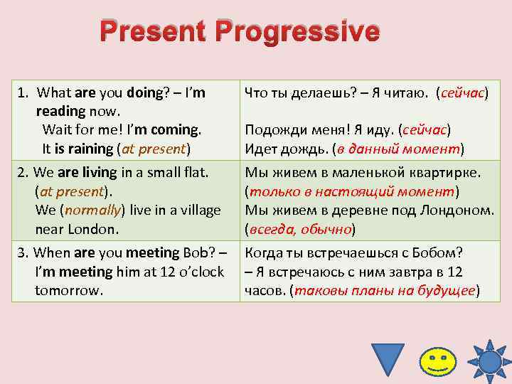 Present Progressive 1. What are you doing? – I’m reading now. Wait for me!