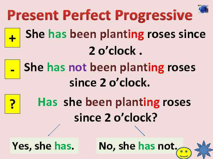 Present Perfect Progressive She has been planting roses since + 2 o’clock. - She