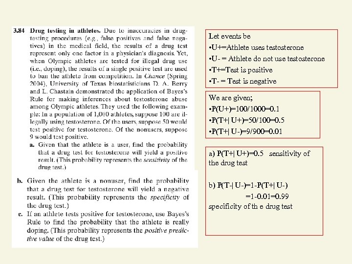 Let events be • U+=Athlete uses testosterone • U- = Athlete do not use