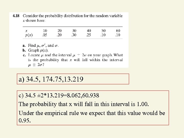 a) 34. 5, 174. 75, 13. 219 c) 34. 5 ± 2*13. 219=8. 062,