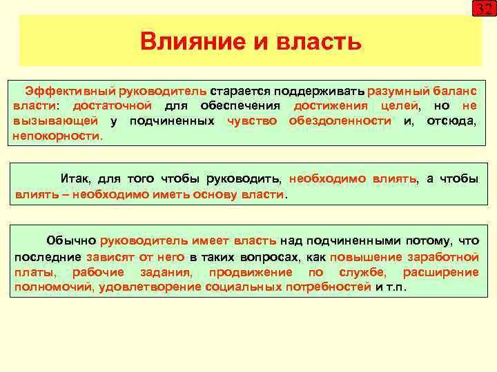 32 Влияние и власть Эффективный руководитель старается поддерживать разумный баланс власти: достаточной для обеспечения