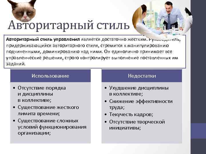 Авторитарный стиль управления является достаточно жестким. Руководитель, придерживающийся авторитарного стиля, стремится к манипулированию подчиненными,