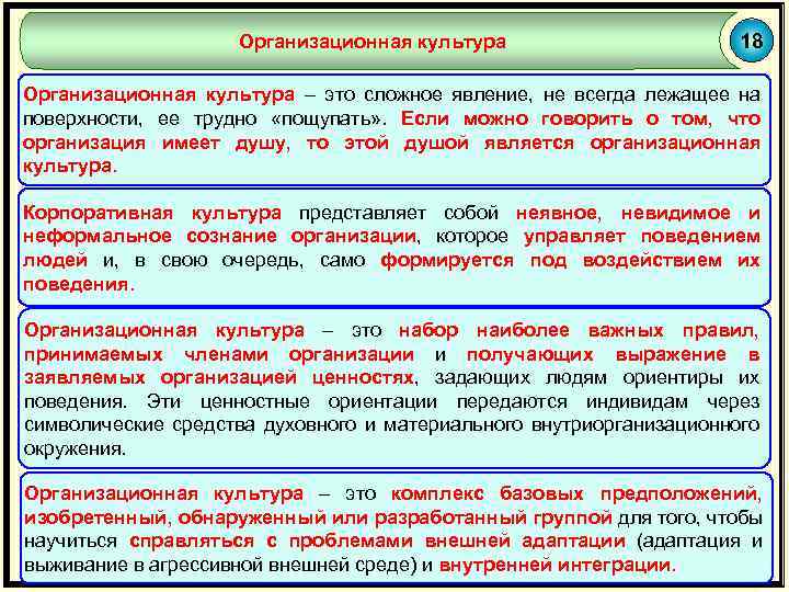 Организационная культура 18 Организационная культура – это сложное явление, не всегда лежащее на поверхности,