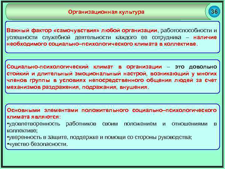 Организационная культура 36 Важный фактор «самочувствия» любой организации, работоспособности и успешности служебной деятельности каждого