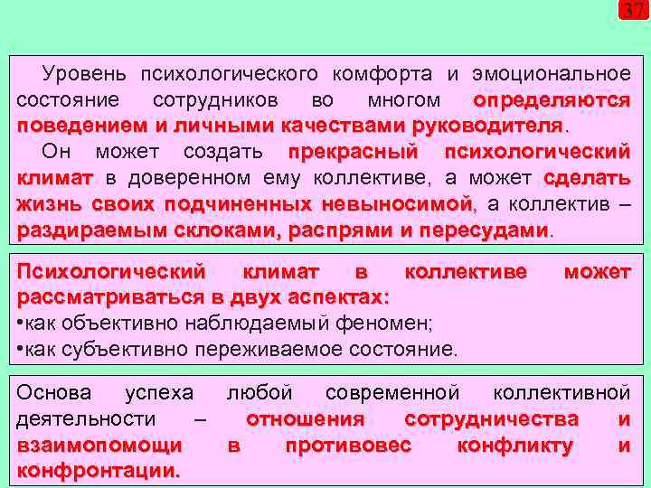 37 Уровень психологического комфорта и эмоциональное состояние сотрудников во многом определяются поведением и личными