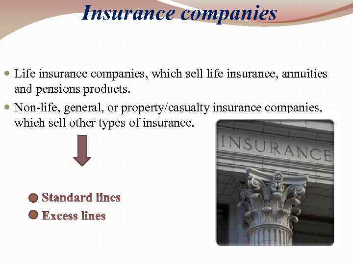 Insurance companies Life insurance companies, which sell life insurance, annuities and pensions products. Non-life,