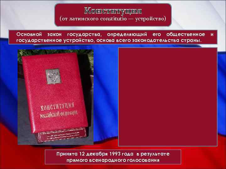 Конституция (от латинского constitutio — устройство) Основной закон государства, определяющий его общественное государственное устройство,