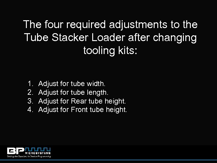 The four required adjustments to the Tube Stacker Loader after changing tooling kits: 1.