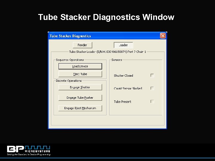 Tube Stacker Diagnostics Window 