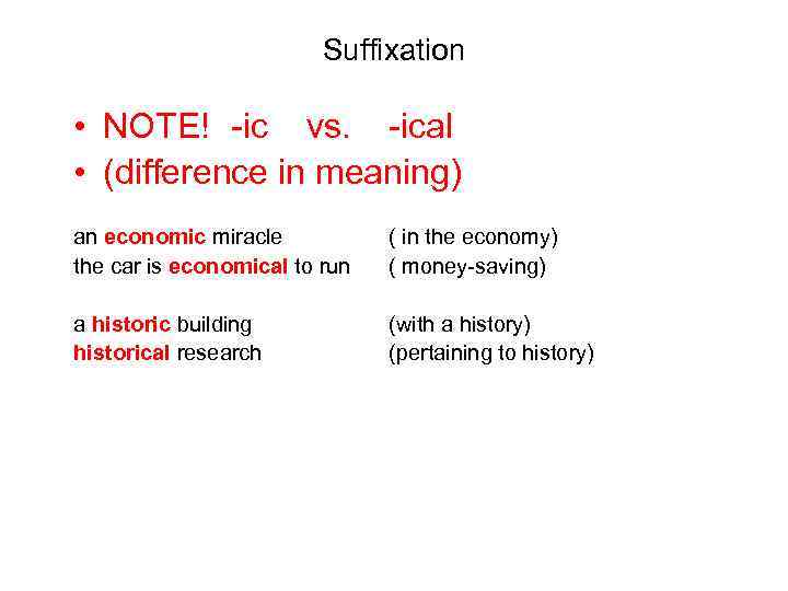 Suffixation • NOTE! -ic vs. -ical • (difference in meaning) an economic miracle the