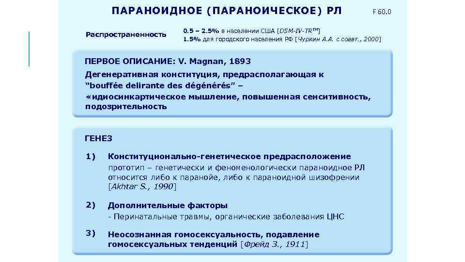 ПАРАНОИДНОЕ (ПАРАНОИЧЕСКОЕ) РЛ Распространенность F 60. 0 0. 5 – 2. 5% в населении
