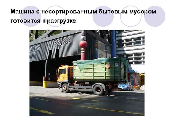 Машина с несортированным бытовым мусором готовится к разгрузке 