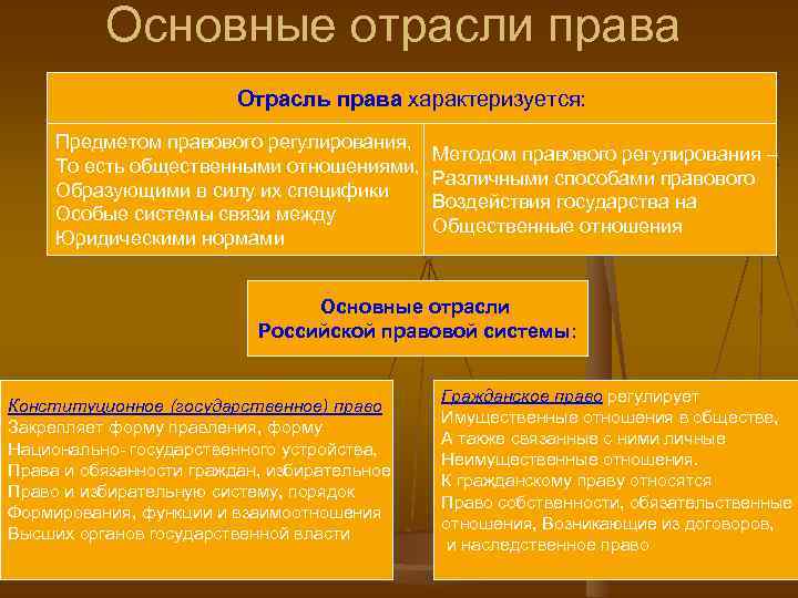 Основные отрасли права Отрасль права характеризуется: Предметом правового регулирования, То есть общественными отношениями, Образующими