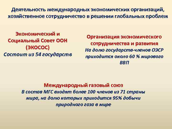 Деятельность международных экономических организаций, хозяйственное сотрудничество в решении глобальных проблем Экономический и Социальный Совет