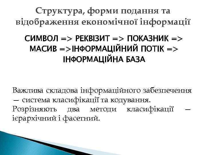 Структура, форми подання та відображення економічної інформації СИМВОЛ => РЕКВІЗИТ => ПОКАЗНИК => МАСИВ