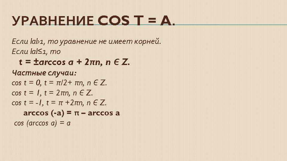 УРАВНЕНИЕ COS T = A. Если lаl› 1, то уравнение не имеет корней. Если