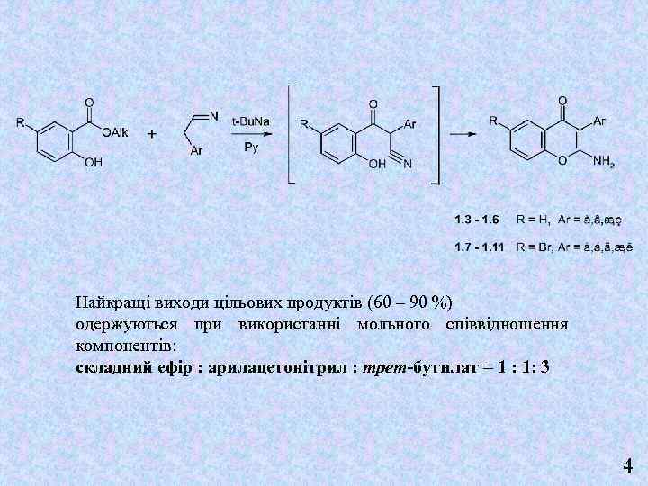Найкращі виходи цільових продуктів (60 – 90 %) одержуються при використанні мольного співвідношення компонентів: