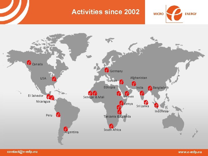 Activities since 2002 MICRO ENERGY international Canada Germany USA Jordan Afghanistan Ethiopia El Salvador