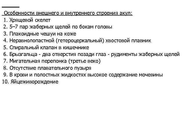  Особенности внешнего и внутреннего строения акул: 1. Хрящевой скелет 2. 5– 7 пар