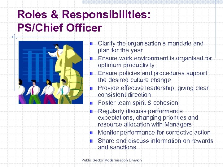 Roles & Responsibilities: PS/Chief Officer Clarify the organisation’s mandate and plan for the year