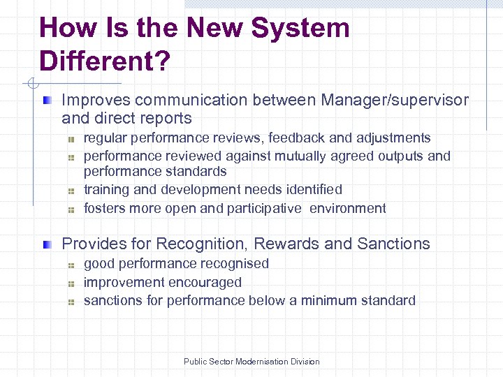 How Is the New System Different? Improves communication between Manager/supervisor and direct reports regular