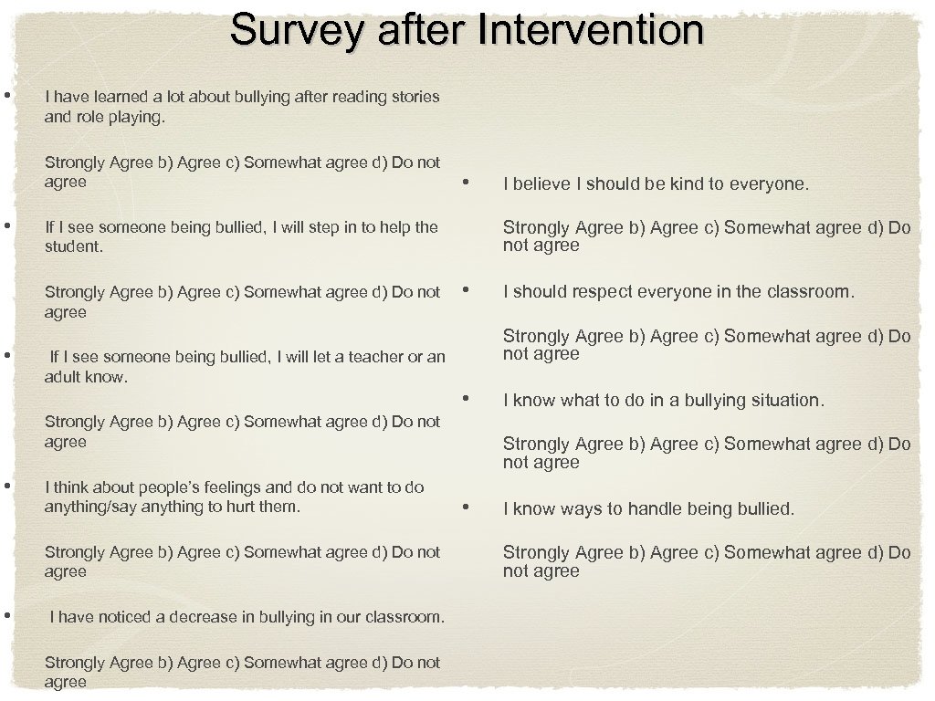 Survey after Intervention • I have learned a lot about bullying after reading stories