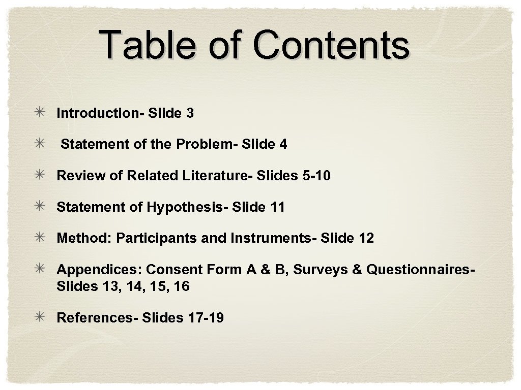 Table of Contents Introduction- Slide 3 Statement of the Problem- Slide 4 Review of