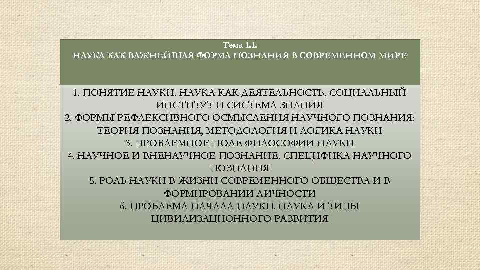 Тема 1. 1. НАУКА КАК ВАЖНЕЙШАЯ ФОРМА ПОЗНАНИЯ В СОВРЕМЕННОМ МИРE 1. ПОНЯТИЕ НАУКИ.