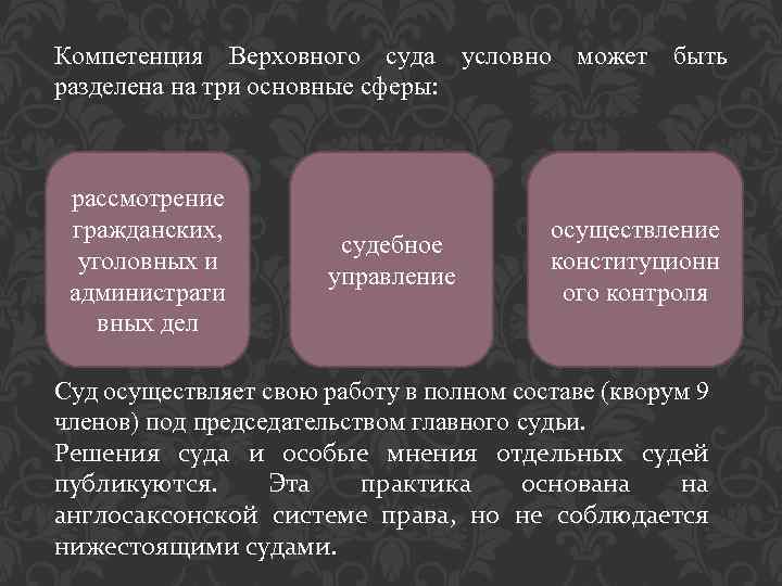 Компетенция Верховного суда условно может быть разделена на три основные сферы: рассмотрение гражданских, уголовных