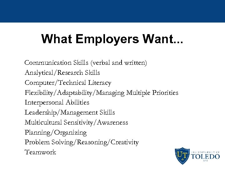 What Employers Want. . . Communication Skills (verbal and written) Analytical/Research Skills Computer/Technical Literacy