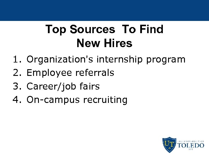 Top Sources To Find New Hires 1. 2. 3. 4. Organization's internship program Employee