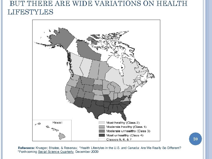BUT THERE ARE WIDE VARIATIONS ON HEALTH LIFESTYLES 30 Reference: Krueger, Bhaloo, & Rosenau;