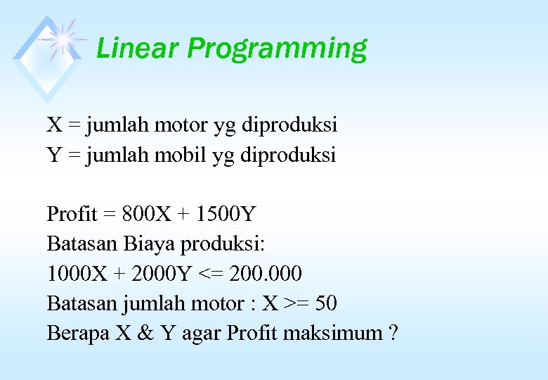 Linear Programming X = jumlah motor yg diproduksi Y = jumlah mobil yg diproduksi