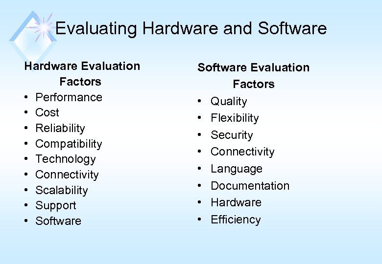 Evaluating Hardware and Software Hardware Evaluation Factors • Performance • Cost • Reliability •