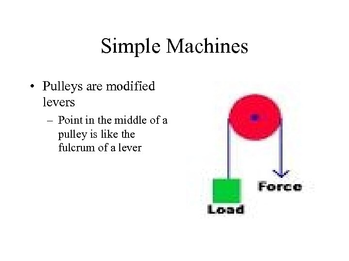 Simple Machines • Pulleys are modified levers – Point in the middle of a