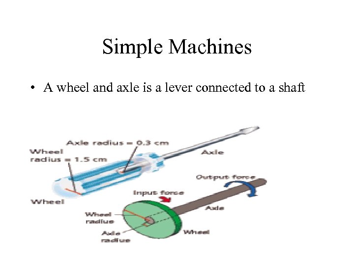 Simple Machines • A wheel and axle is a lever connected to a shaft