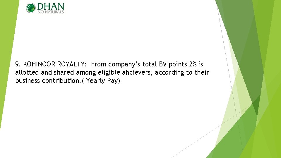 9. KOHINOOR ROYALTY: From company’s total BV points 2% is allotted and shared among