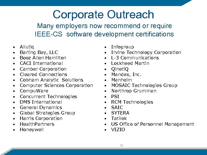 Corporate Outreach Many employers now recommend or require IEEE-CS software development certifications • •