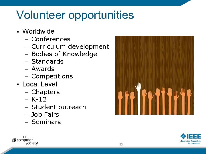 Volunteer opportunities § Worldwide – – – § Conferences Curriculum development Bodies of Knowledge
