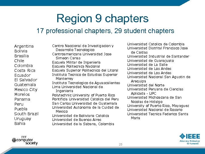 Region 9 chapters 17 professional chapters, 29 student chapters Argentina Bolivia Brasilia Chile Colombia